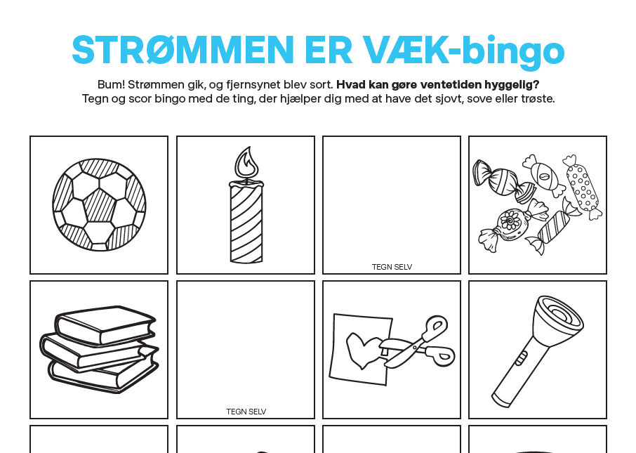 illustration af ting man kan lave når strømmen er væk lavet som bingo-plader